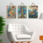Artvibes Sacred Nature & Divine Girl With Birds & Cow Decorative Wall Art MDF Wooden Wall Hanger for Living Room | Home Decor | Wall Accent | Wall Illustration | Unique Gift Items (WH_9685N), Set of 3