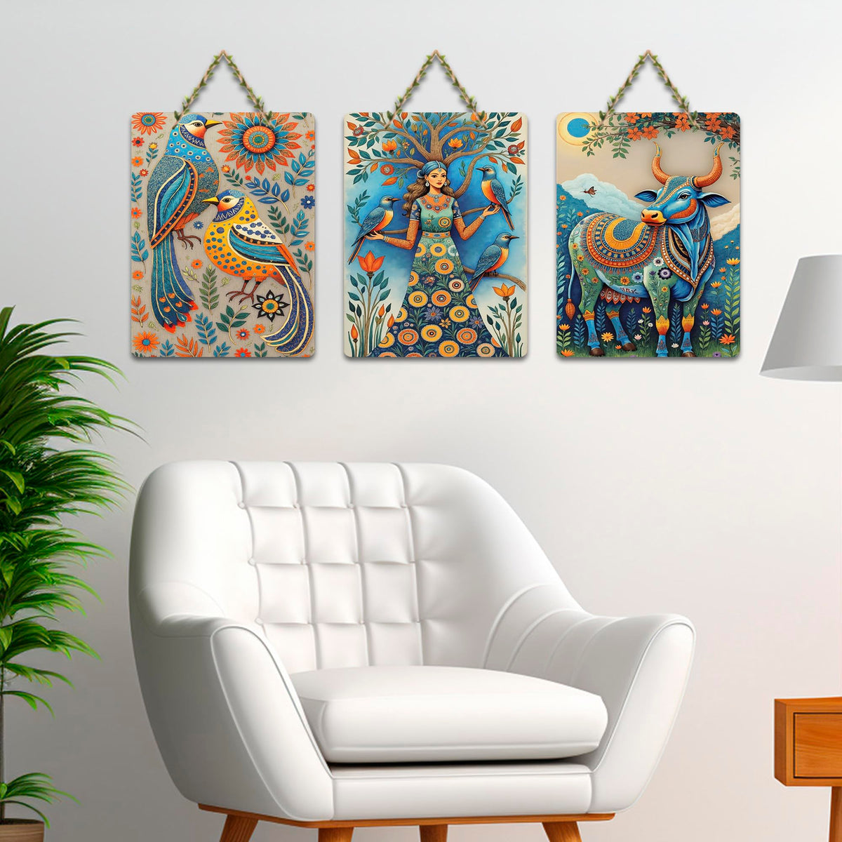 Artvibes Sacred Nature & Divine Girl With Birds & Cow Decorative Wall Art MDF Wooden Wall Hanger for Living Room | Home Decor | Wall Accent | Wall Illustration | Unique Gift Items (WH_9685N), Set of 3