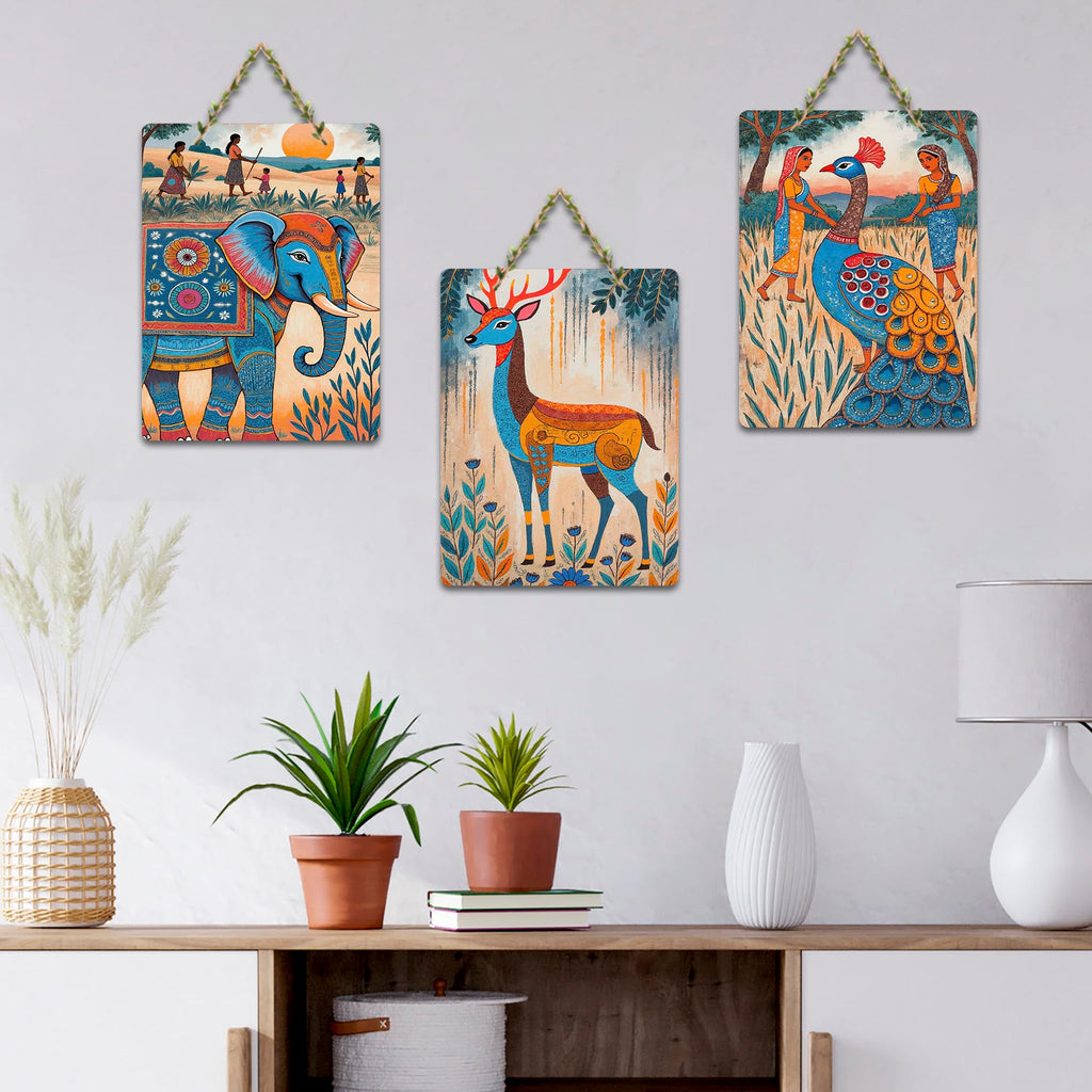 Artvibes Nature Theme for Decoration Wooden Art Decoration Item for Living Room | Room Wall Art | Modern Decor Artwork | Living Room | Cafe | Wall Illustrations | Gift Items (WH_96102N), Set of 3