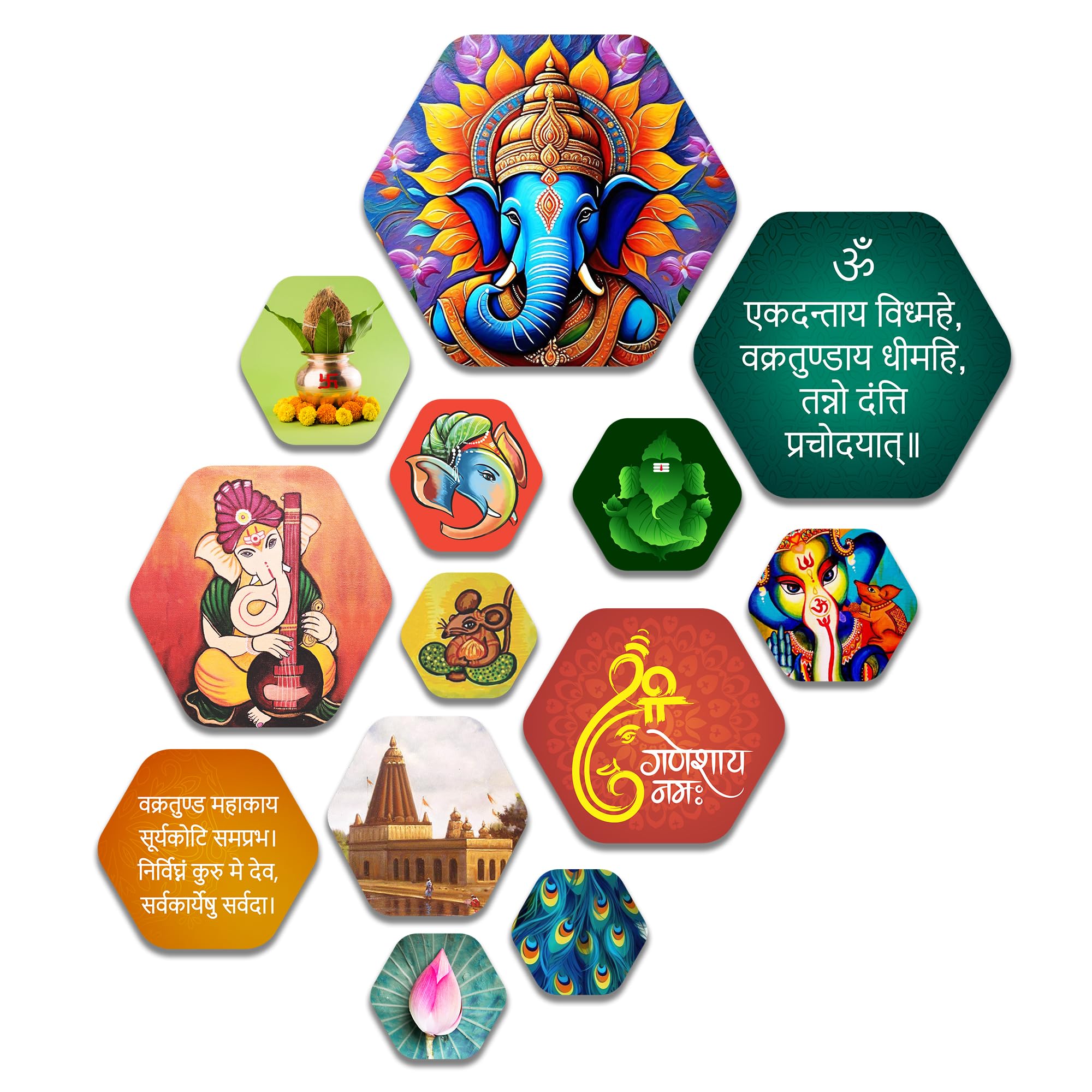 Artvibes Shri Ganesha Hexagon Shape MDF Wooden Wall Decor Items | Spiritual Decor Items | Paintings | Wall Sculpture | Signs & Plaques| Stylish Modern Decor Item | Ideal Gifts (WPS_224N), Set of 13