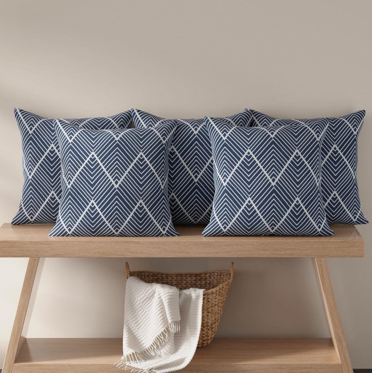 HUESLAND Premium Cotton Cushion Cover 12 inch x 12 inch | Decorative Square Throw Pillow Covers Set for Sofa, Living Room & Bedroom | Set of 5 | Navy Wave