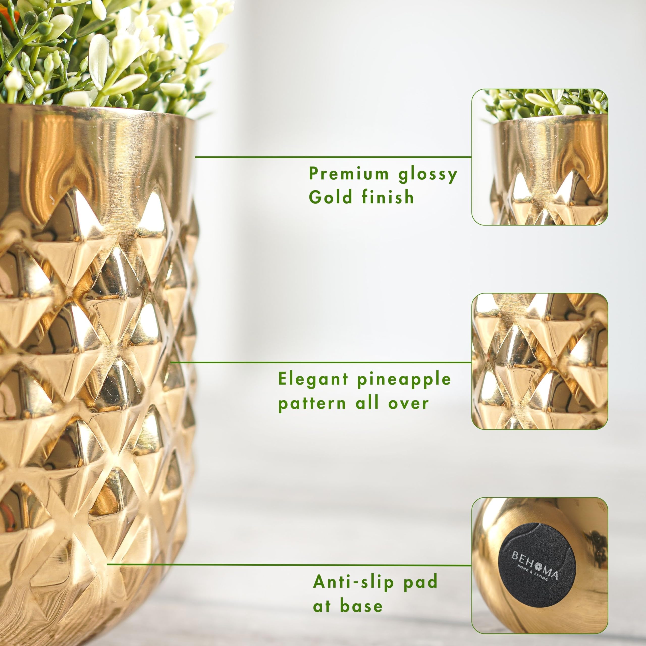 BEHOMA Gold Metal Indoor Planter Pot, Decorative, Golden - Set of 4