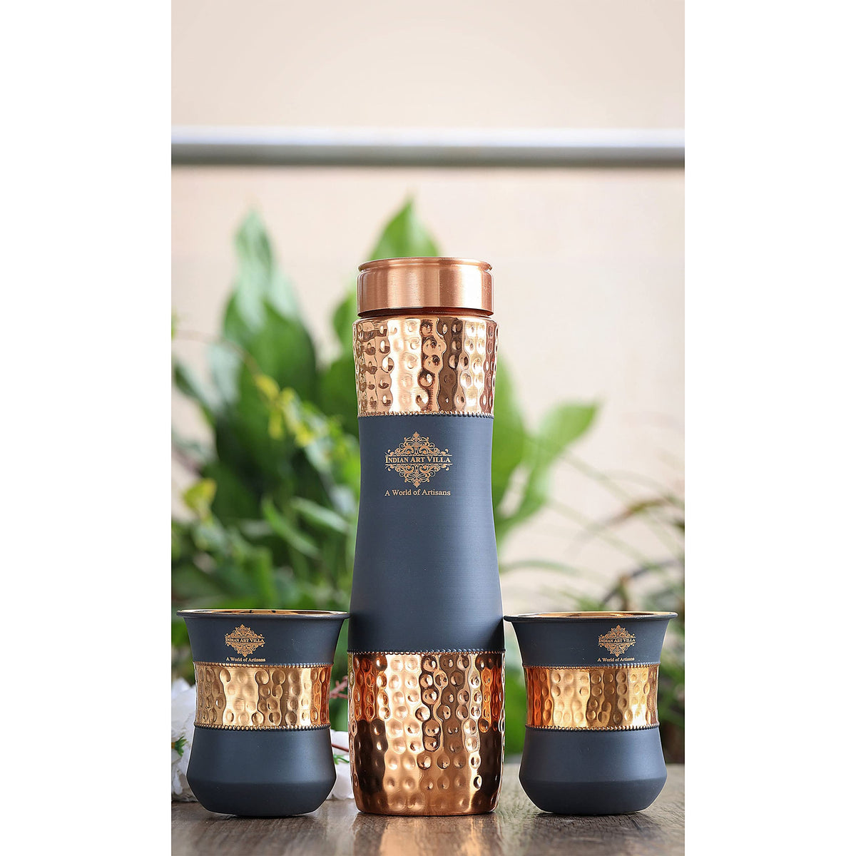 Indian Art Villa Copper Drinkware in Grey Silk Finish, Set of 2 Glass and 1 Bottle, Volume - Glass 300 ML, Bottle 1000 ML