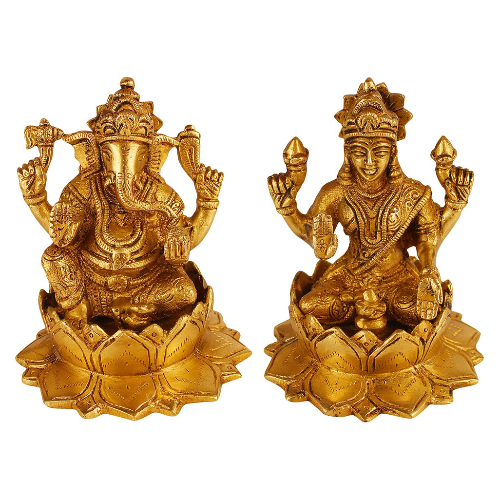 ARTVARKO Pure Brass Ganesha Laxmi Ganesh Lakshmi Bhagwan Idol Sitting on Lotus Ganpati Murti Statue 5 Inch
