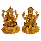 ARTVARKO Pure Brass Ganesha Laxmi Ganesh Lakshmi Bhagwan Idol Sitting on Lotus Ganpati Murti Statue 5 Inch