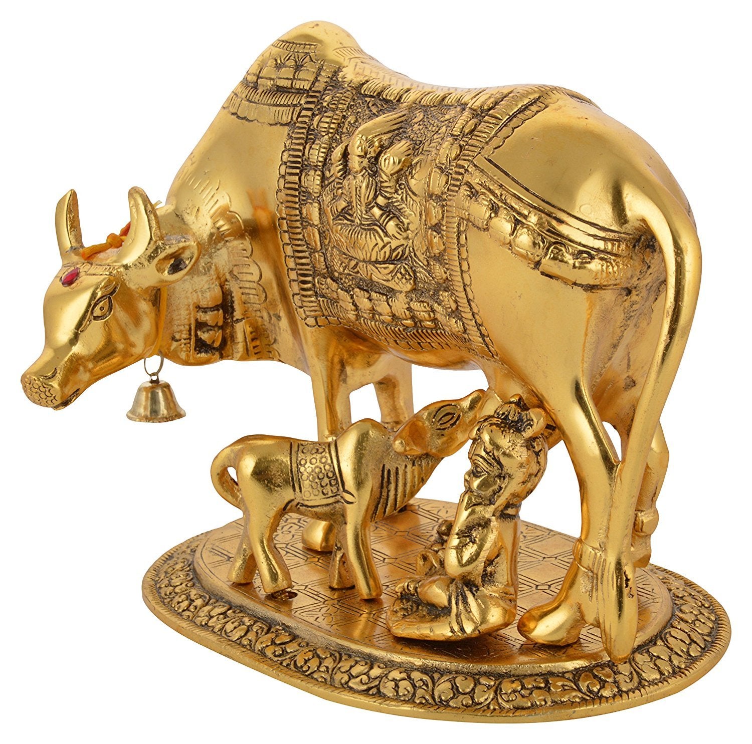 RCI Handicrafts White Metal Kamdhenu Cow, Calf and Krishna Figurine - (20 x 14 x 18 cm, Gold)