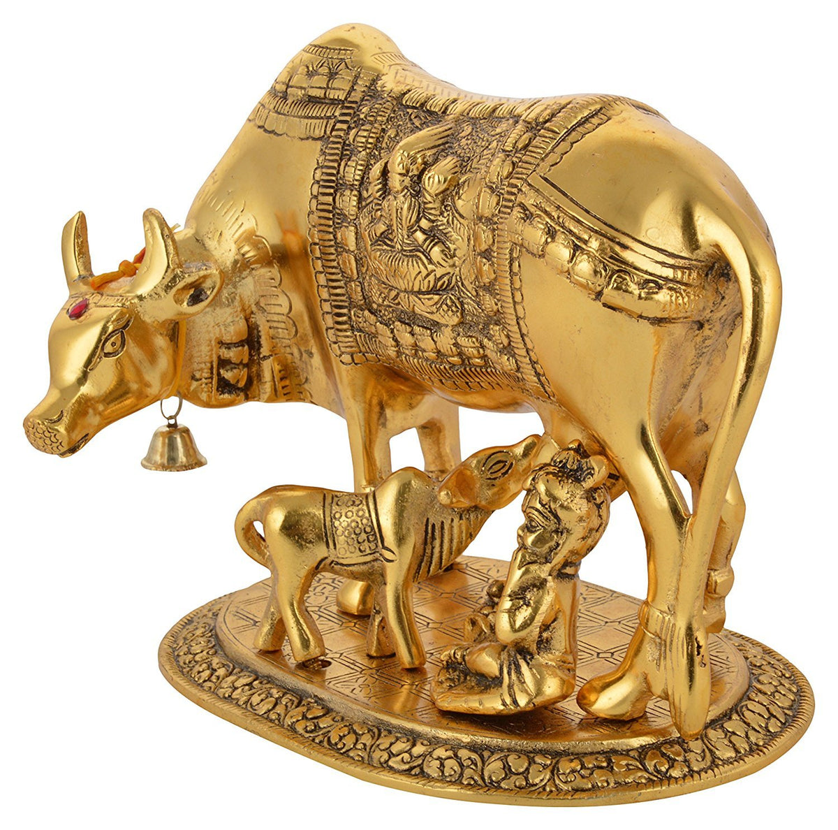 RCI Handicrafts Aluminum metal Kamdhenu Cow And Calf with Krishna Spiritual Showpiece (Standard, 20 x 14 x 18 cm, Gold)