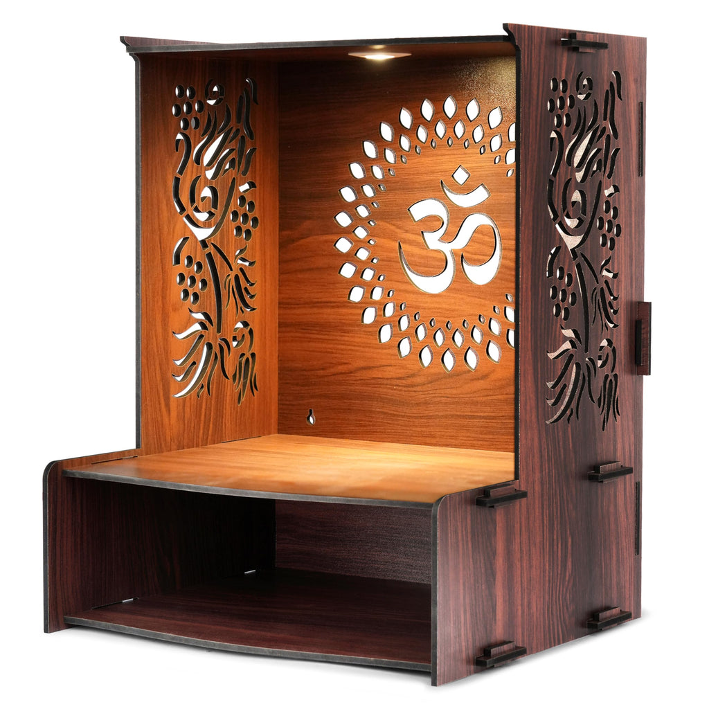 Svaagat Handcrafted MDF Wooden Temple for Home | LED Light Pooja Mandir | Decorative Laser Cut Design | Brown Finish