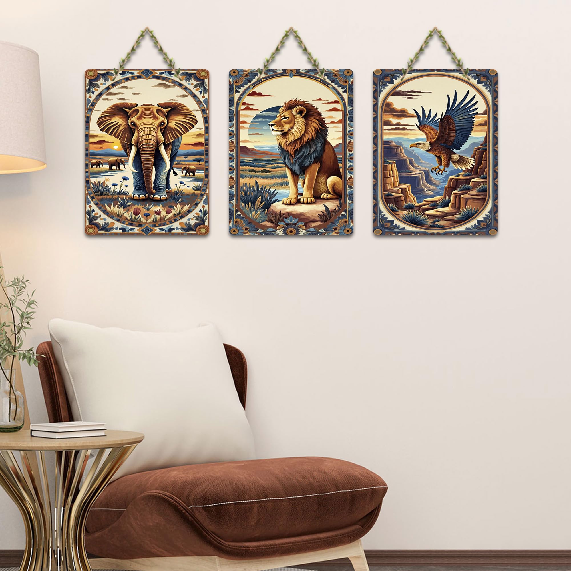 Artvibes Wild Animals Wooden Wall Hanger for Home Decor | Wall Sculpture | Signs & Plaques | Decoration Wall Hanging Items | Graphic Artwork | Wall Poster | Unique Gift (WH_9614N), Set of 3