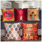 Vendola Decorative Satin Sofa Cushion Covers Set of 5, 20 Inch x 20 inch, Sofa Pillow Cover, Ethnic Festive, Red, Yellow, Beige, Namaskar Welcome, Zipper Closure (Namaskar, 20X20 Inches)