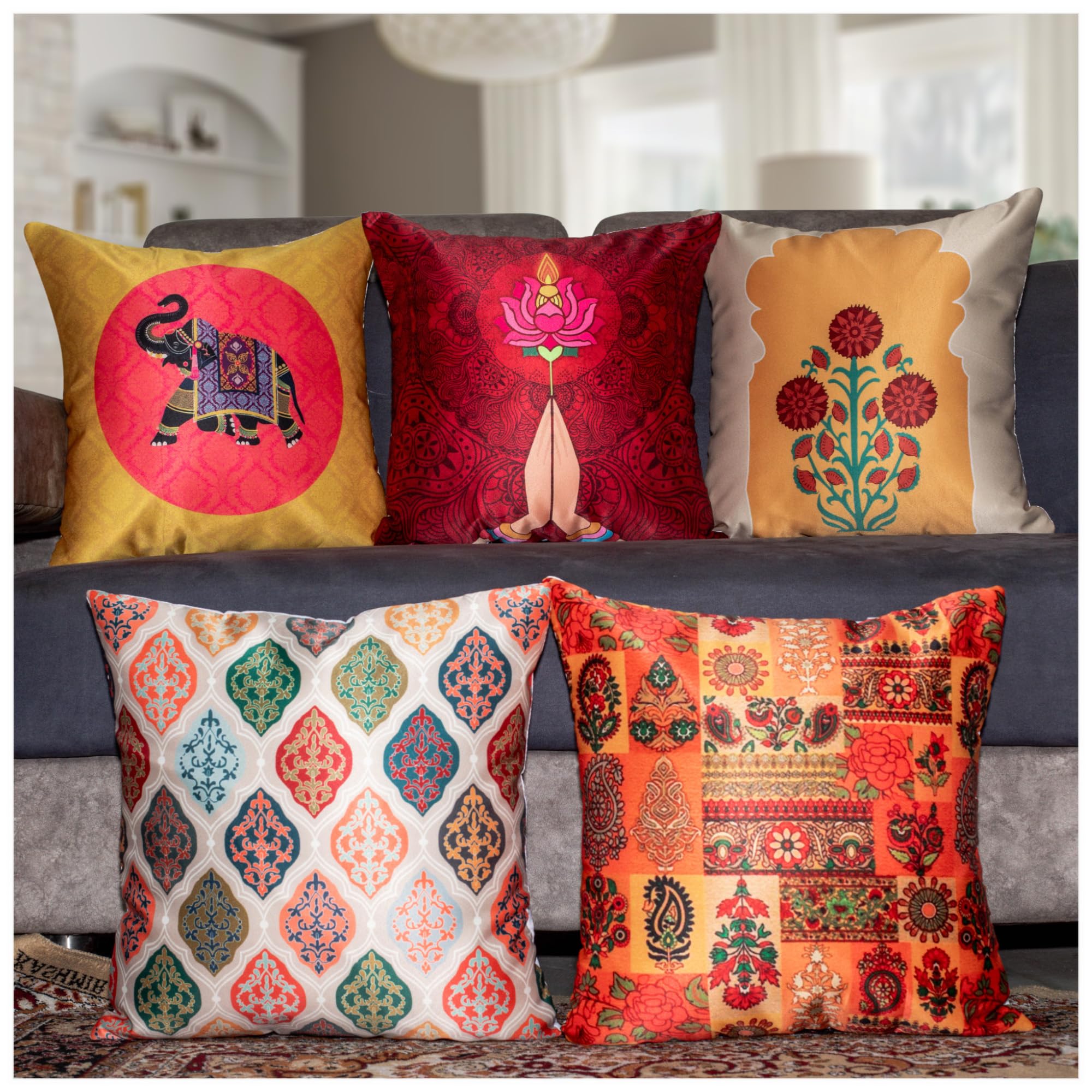 Vendola Decorative Satin Sofa Cushion Covers Set of 5, 20 Inch x 20 inch, Sofa Pillow Cover, Ethnic Festive, Red, Yellow, Beige, Namaskar Welcome, Zipper Closure (Namaskar, 20X20 Inches)