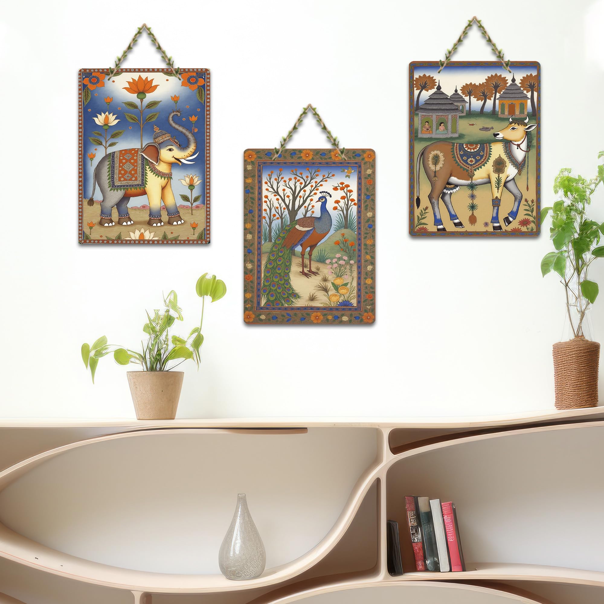 Artvibes Nature Theme Wall Art Decorative Wall Art MDF Wooden Wall Hanger for Living Room | Festive Decor Art | Wall Sculpture | Scenery | Aesthetic Wooden Decor | Ideal Gifts (WH_96132N), Set of 3