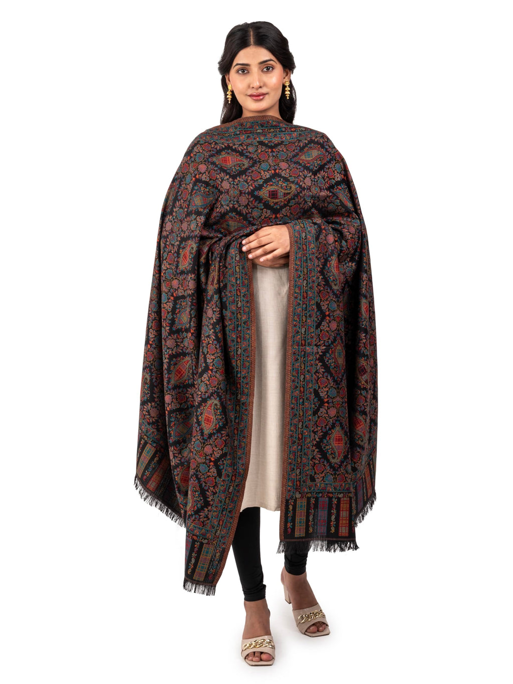 Naureen Women Faux Pashmina Kani Shawl with Paisley Artwork, Warm and Soft, 40x80 inch