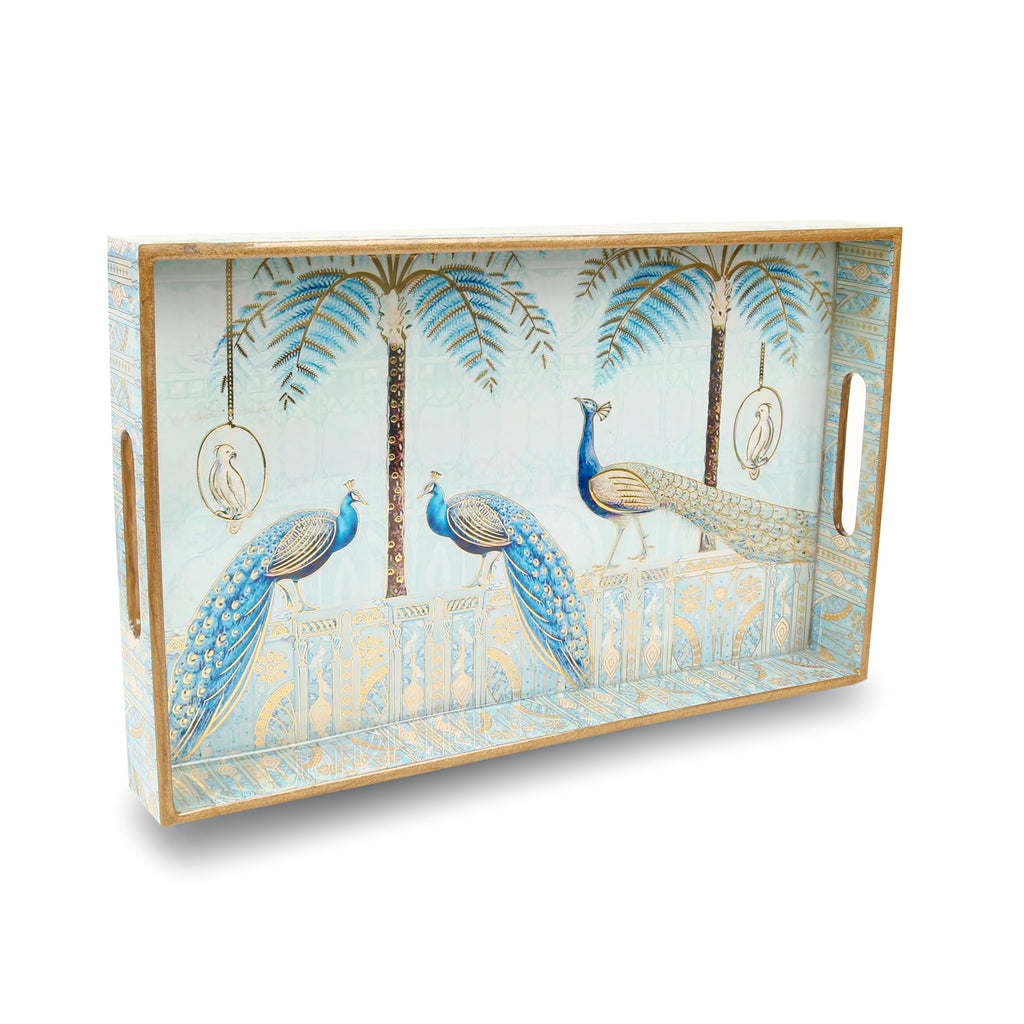 Luxury Peacock Serving Tray – Decorative Wooden Tray, Gold Engraved & Enamel Waterproof Finish, Coffee Table, Dining Room, Kitchen, Party & Home Decor (Majestic Peacock Tray Large)