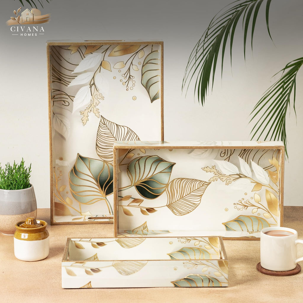 Civana Homes Wooden Serving Tray with Gold Engraving | Set of 3 | Size : 16 x 10 inch, 14 x 8 inch & 12 x 6 inch | Enamel Coated Waterproof | Rectangular | Decorative Trays | White Leaf Set