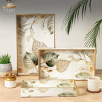 Civana Homes Wooden Serving Tray with Gold Engraving | Set of 3 | Size : 16 x 10 inch, 14 x 8 inch & 12 x 6 inch | Enamel Coated Waterproof | Rectangular | Decorative Trays | White Leaf Set