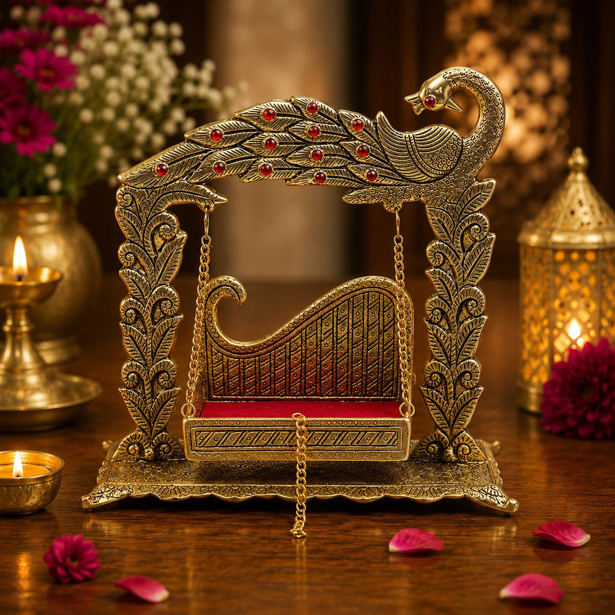 KridayKraft Metal Swing Laddu Gopal Jhula,Krishna Hindola Palana,Decorative Laddu Gopal for Temple Pooja,Showpiece Figurines,Religious Idol Gift Article