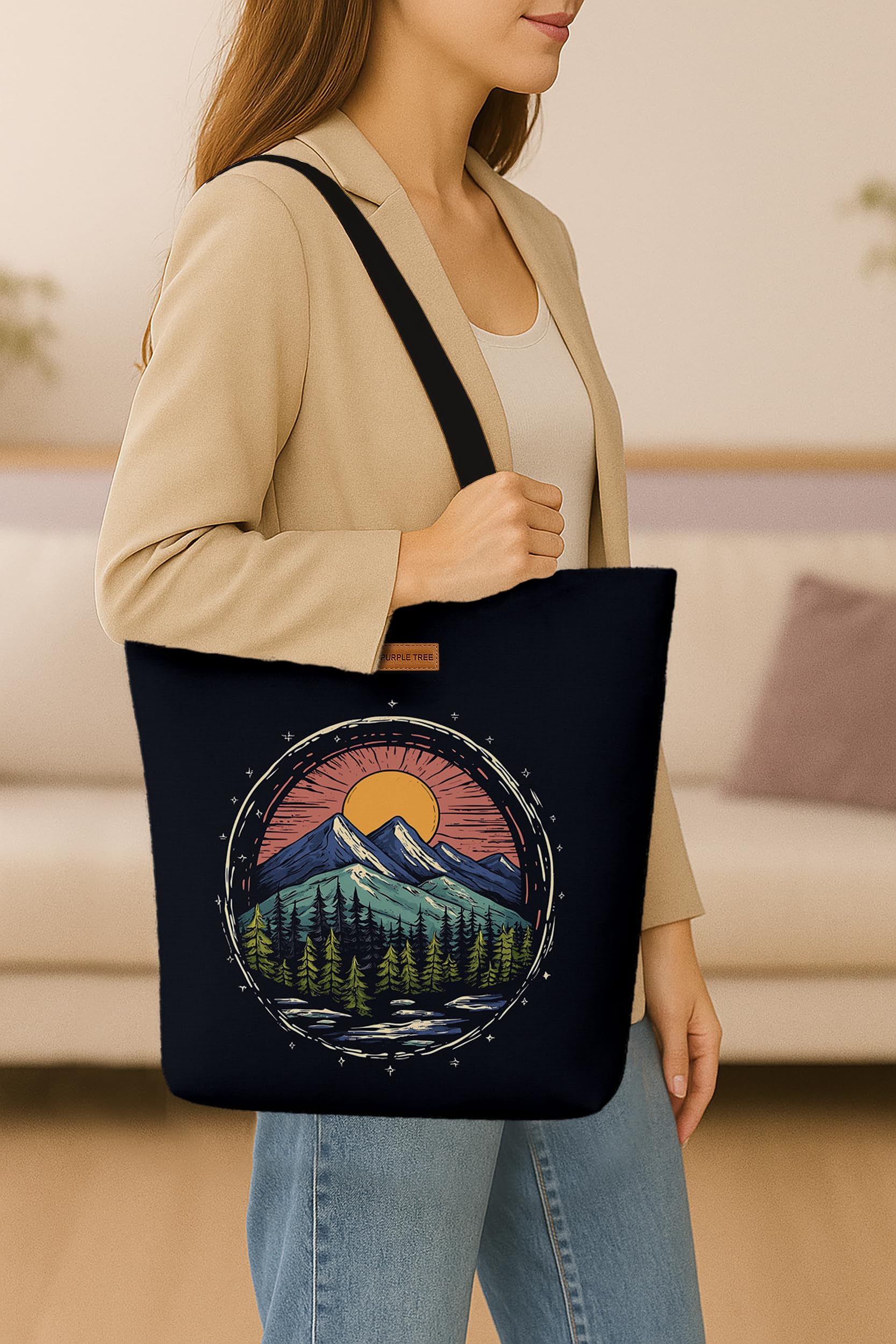The Purple Tree Eco-Friendly Canvas Tote Bag, Sustainable, Reusable Shopping, Beach, Travel or Everyday Tote, Wide Tote Bag, Rising Sun