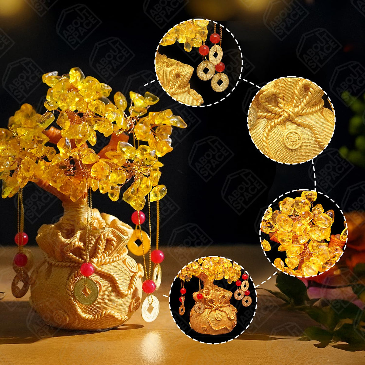 ABOUT SPACE Lucky Feng Shui Citrine Tree of Life Bonsai - Gold Crystal Ornaments with 6 Hanging Coin Charms for Health, Wealth and Happiness - Table Decor, Living Room, Office (7 x 3 inch)