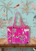 Rastogi Handicrafts Quilted Cotton Women Beautiful Printed Grocery Shopping Bag, Shoulder Bag, Tote Bag, Travel Bags, Pink, 18X6X15 Inch