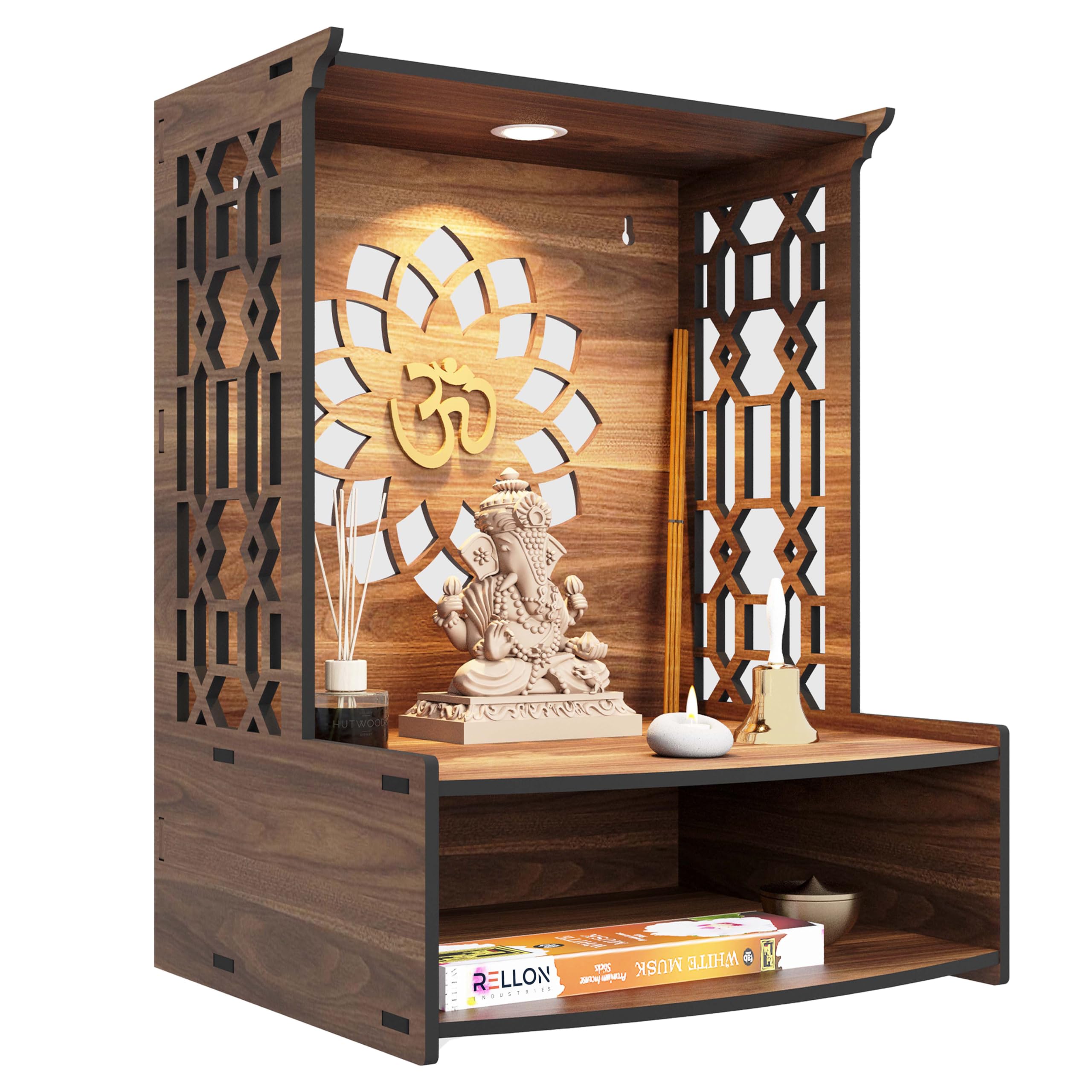 Rellon Industries Temple for Home, Mandir for Home for Pooja Mandir for Home Beautiful Wooden Temple for Home Pooja Stand for Home and Office with LED Spot Light mandir (A3)