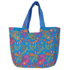 Craft Trade Women's Cotton Tote Bags with Zip 36x30x12 Cm Embriodery Mirror Work Leaf Print Shopping Handbag - Sky Blue