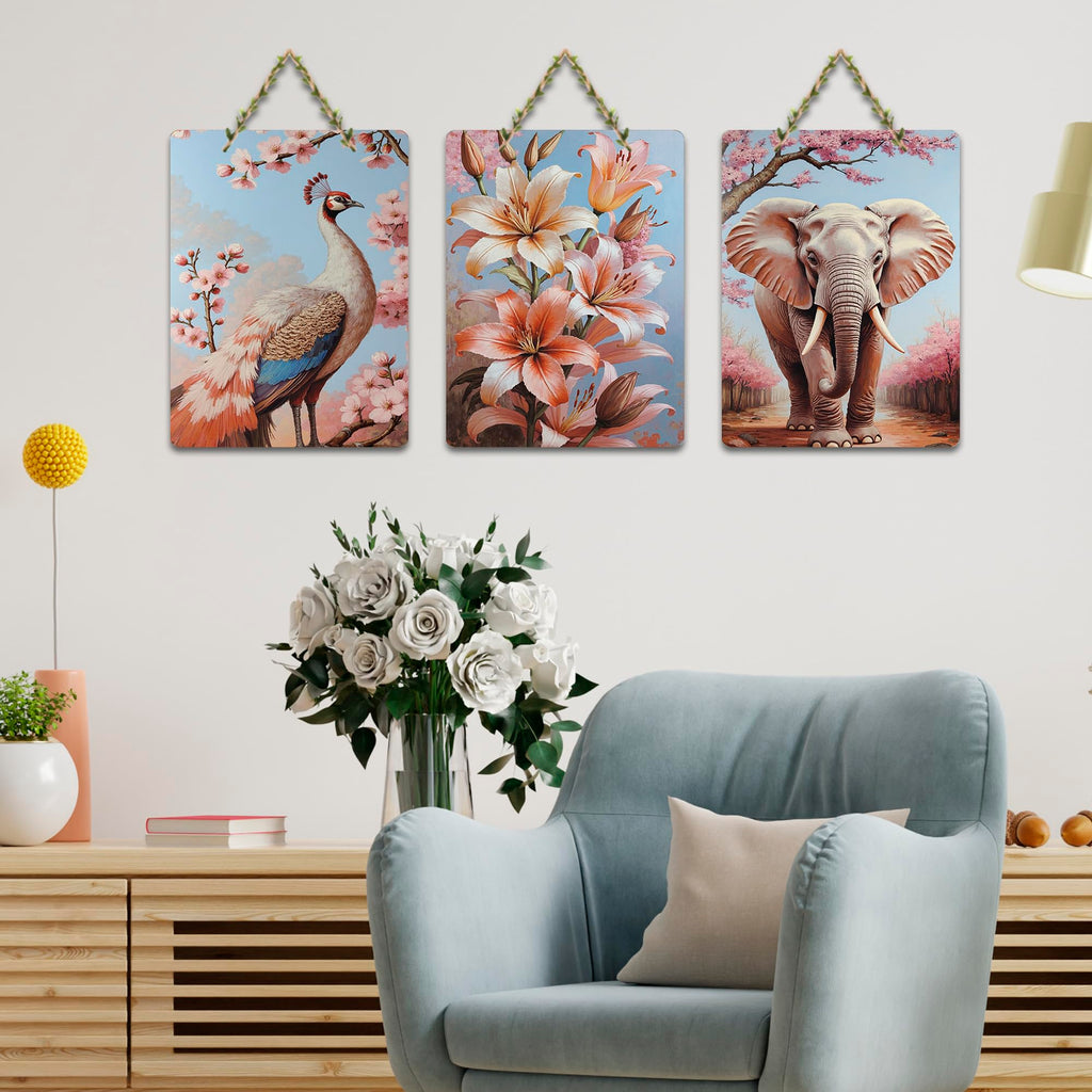 Artvibes Elephant, Peacock & Floral Harmony Decorative Wall Hanging Ornaments | Handcrafted Art | Festive Decor | Wall Illustrations | Paintings For Wall | Unique Gift Items (WH_9654N), Set of 3