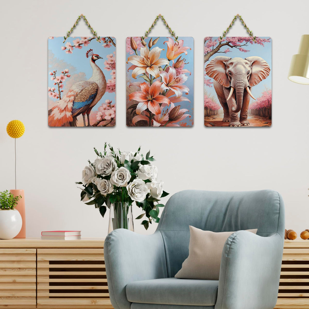 Artvibes Elephant, Peacock & Floral Harmony Decorative Wall Hanging Ornaments | Handcrafted Art | Festive Decor | Wall Illustrations | Paintings For Wall | Unique Gift Items (WH_9654N), Set of 3