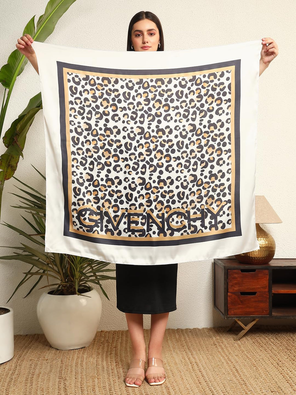 Ravaiyaa - Attitude is everything Women's Crepe Silk Digital Print Large Square Scarf Breathable Lightweight Neckerchief Printed Headscarf 40 x 40 Inch (Beige Leopard)