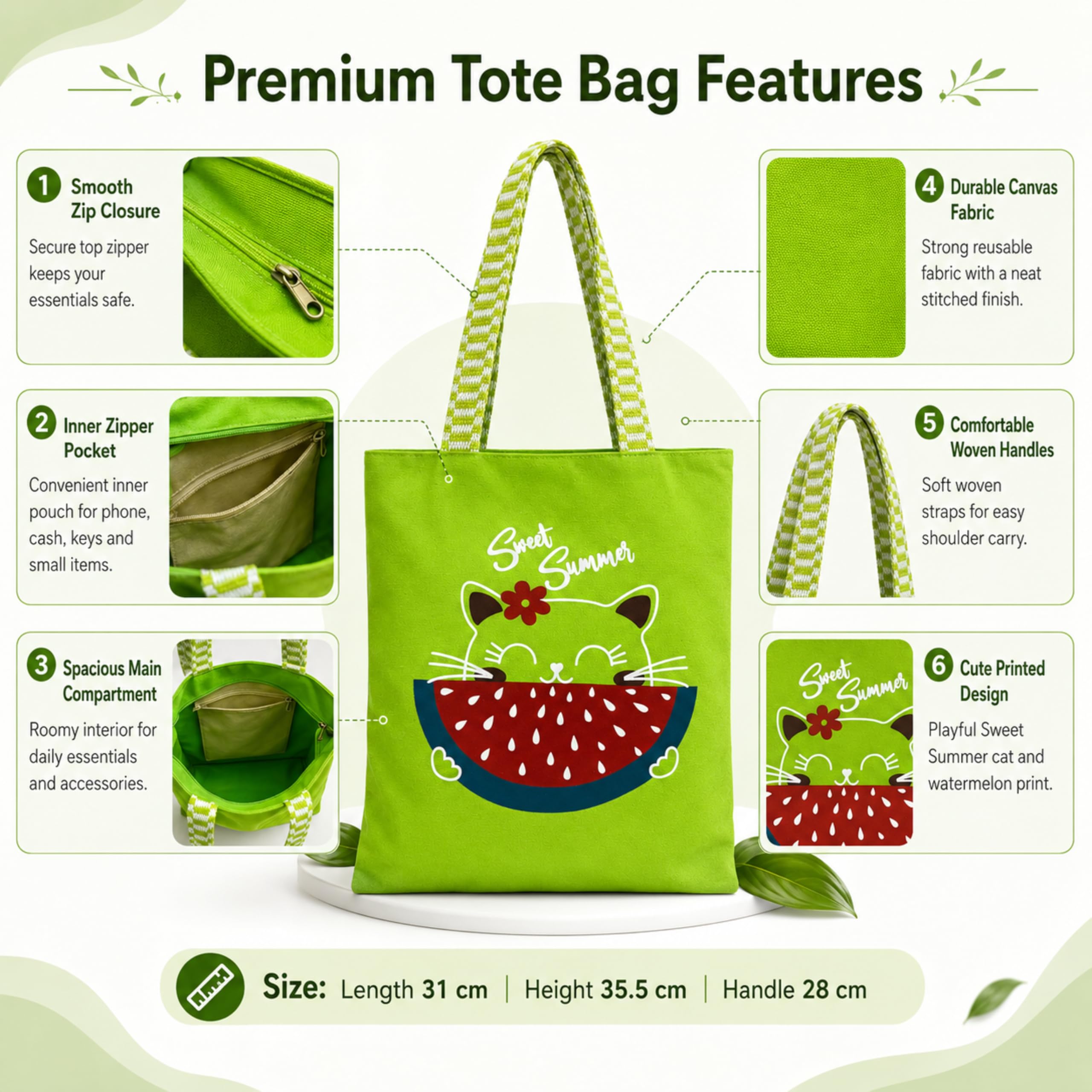 cantainoo Tote Bags | 300 GSM Canvas Tote Bag for Women | Tote Bags for Women | College, Shopping, Office & Everyday Carry Bag (Sweet Summer-Green, Medium Pack of 1)