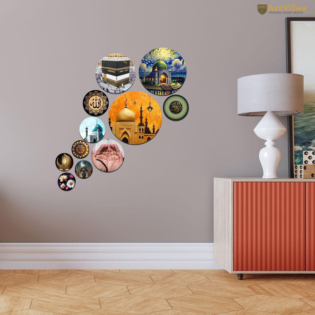 Artvibes Kaaba & Mecca Muslim Round Shape MDF Wooden Wall Decor Items | Spiritual Decor Items | Islamic Decoration | Wall Sculpture | Signs & Plaques | Art Painting | Gift Items (WPS_135N), Set of 11