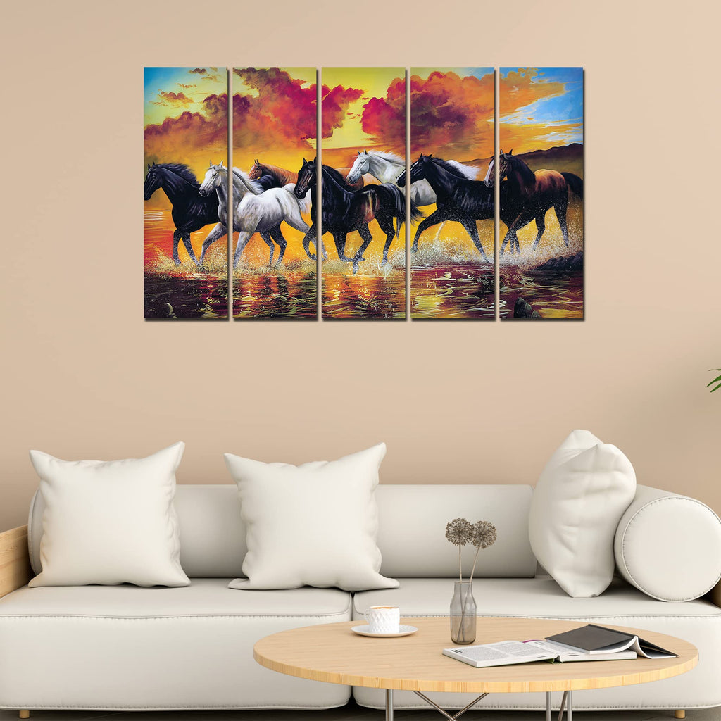 VIBECRAFTS Running Seven Horses 5 Pieces Canvas Wall Painting For Home | Office | Living Room | Gift (PTVC5Pcs4_8522)