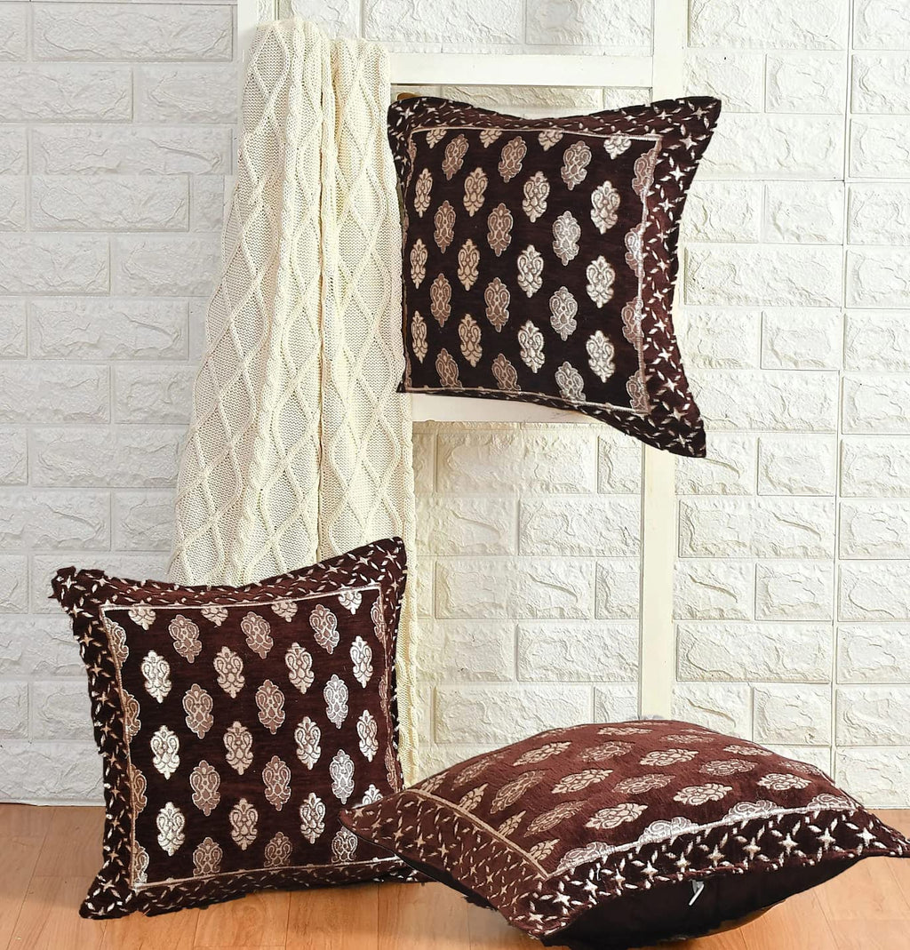 DECOMIZER Jacquard Geomteric Cushion Covers 24 inch x 24 inch Set of 3 Ethnic Motifs Cushion Covers,Design- Ambi,Color- Coffee