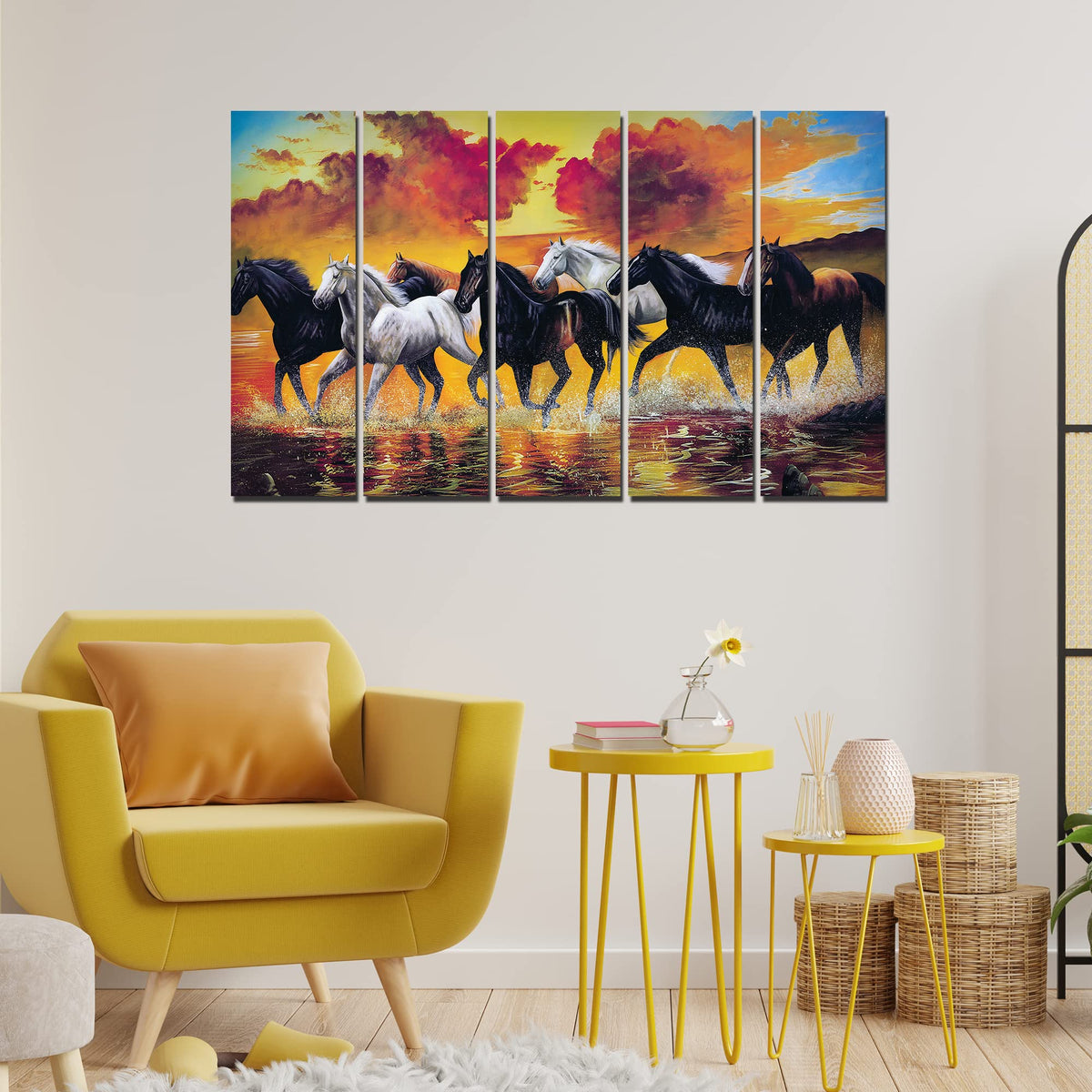 VIBECRAFTS Running Seven Horses 5 Pieces Canvas Wall Painting For Home | Office | Living Room | Gift (PTVC5Pcs4_8522)