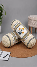 BLOCKS OF INDIA Cotton Hand Block Printed Bolster Cover | Booster Cover with Drawstring | Round Long Pillow Cover for Bed | Dewan Pillow Cover Set 16 X 32 | Set of 2 (Color 46)