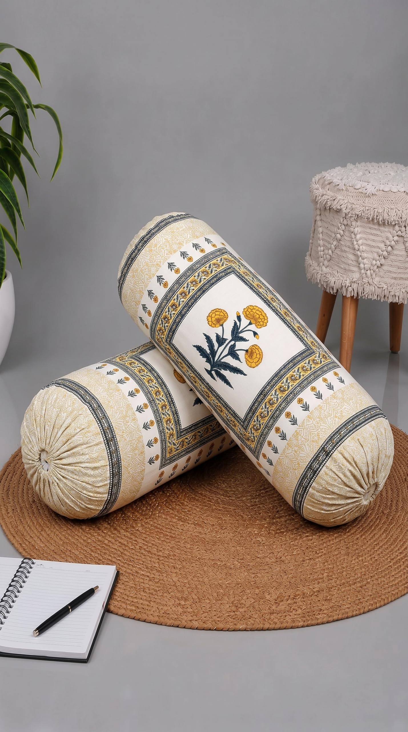 BLOCKS OF INDIA Cotton Hand Block Printed Bolster Cover | Booster Cover with Drawstring | Round Long Pillow Cover for Bed | Dewan Pillow Cover Set 16 X 32 | Set of 2 (Color 46)