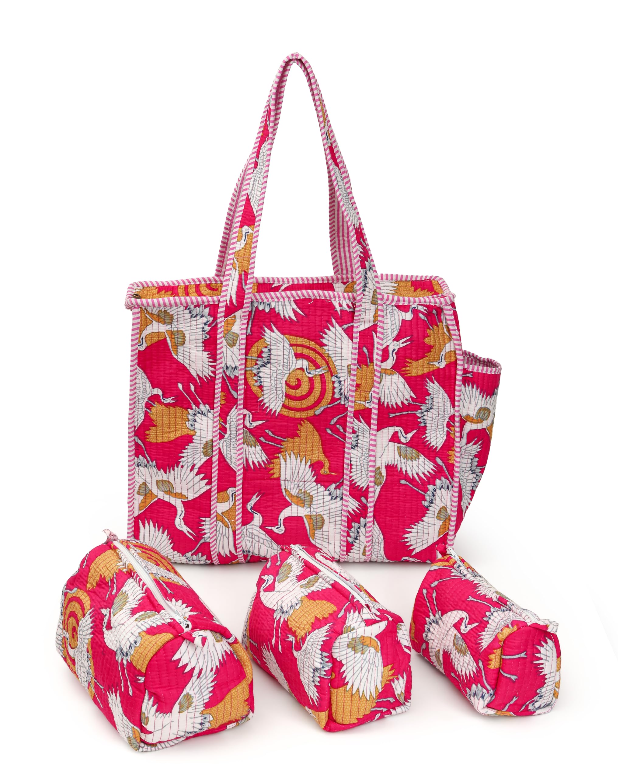 NIKAVIK 1 Tote Bags and 3 Pouch Quilted fabric Handblock Printed Tote Bag(with zip) and bottle compartment with Matching Pouches (Pink)