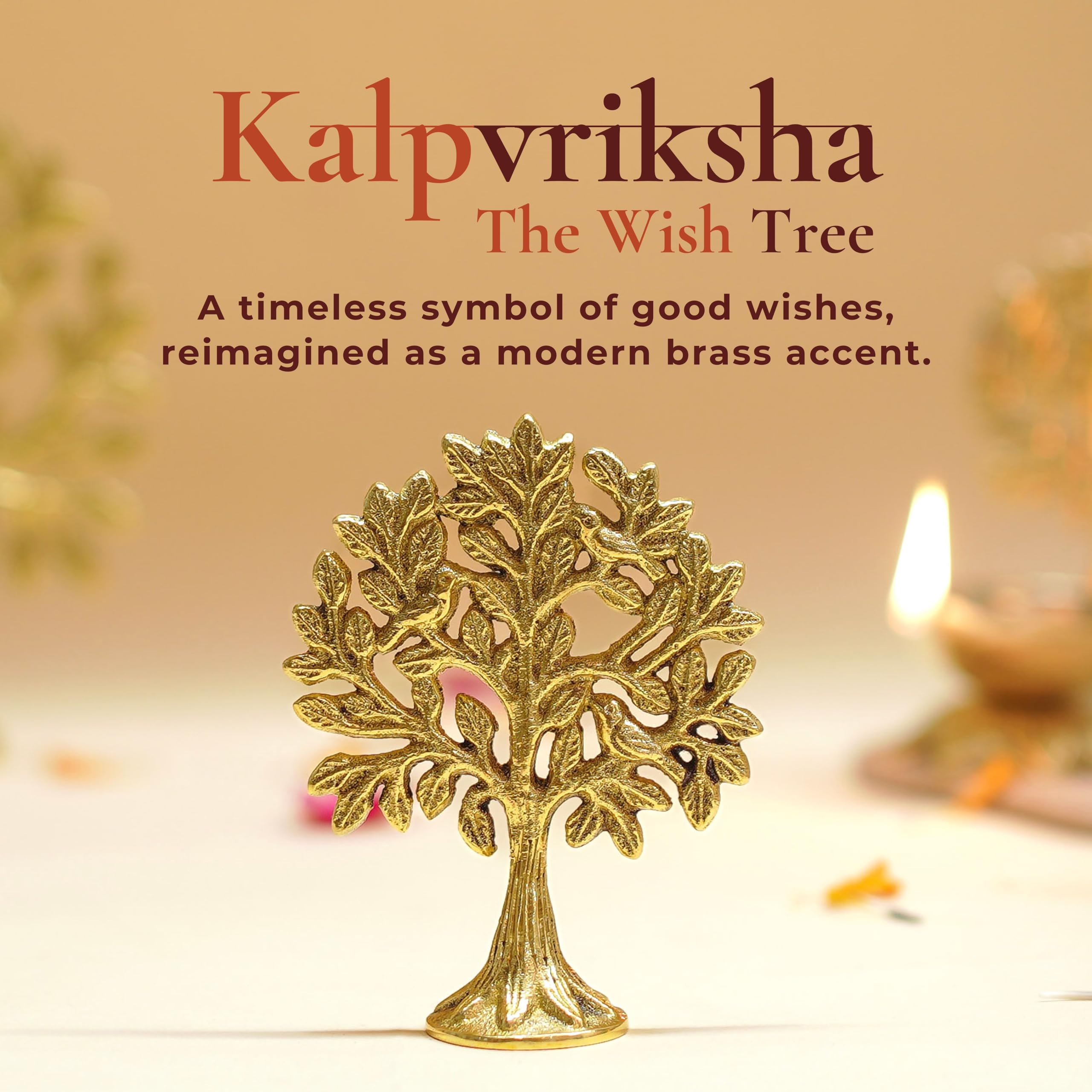 BEHOMA 100% Pure Brass Kalpvriksh Tree with Birds Good Luck Gift 8.5 cm