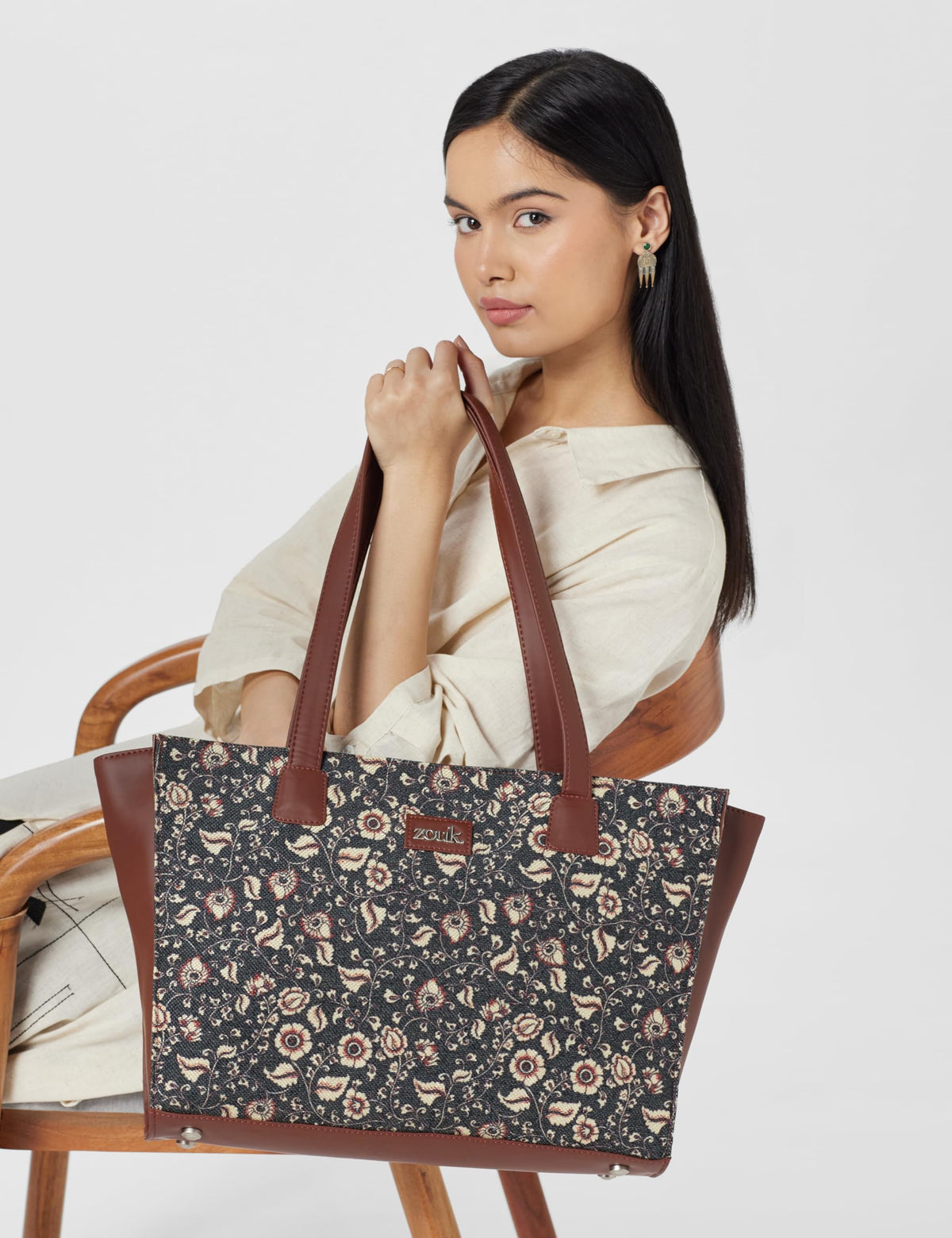 ZOUK Chittoor Blue Kalamkari Motif Printed Jute Handcrafted Vegan Leather Women's Blue Structured Tote Bag Contemporary