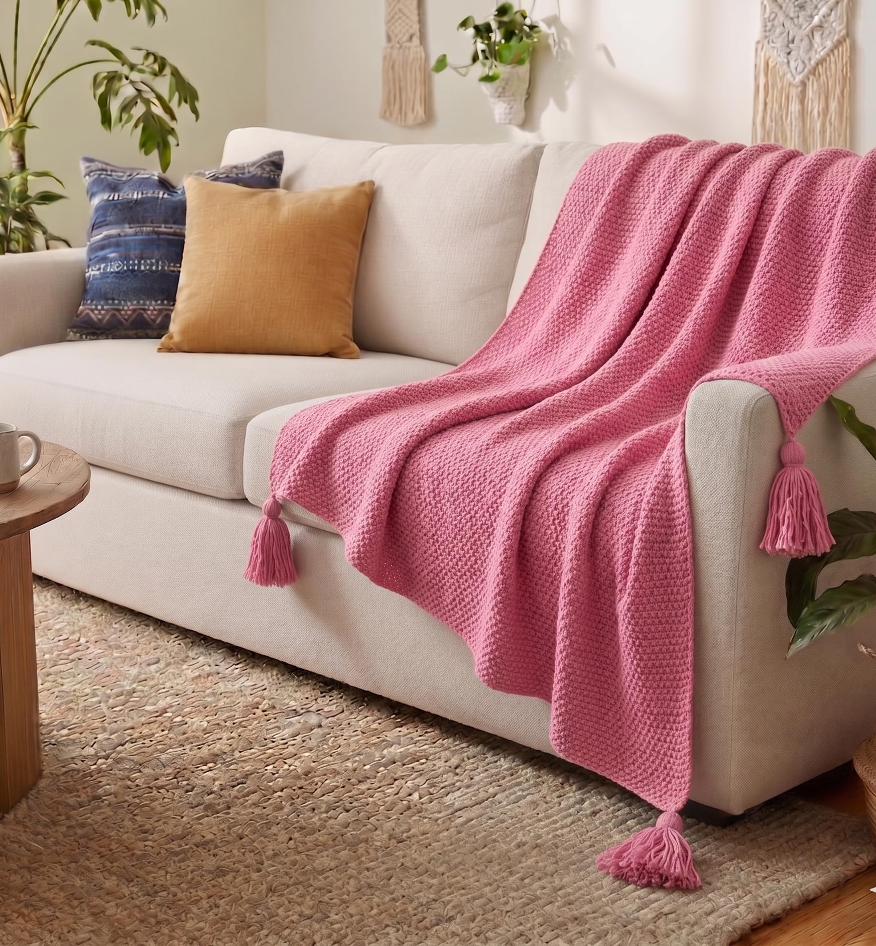 Furnistitchs Plain Solid Knitted Sofa Throw Blanket 50x60 inches / 125x150 cms| Cotton Plain Knit with Tassels | Aesthetic Bohemian Decorative Couch Throws for Living Room & Bedroom (Pink) Kafalo