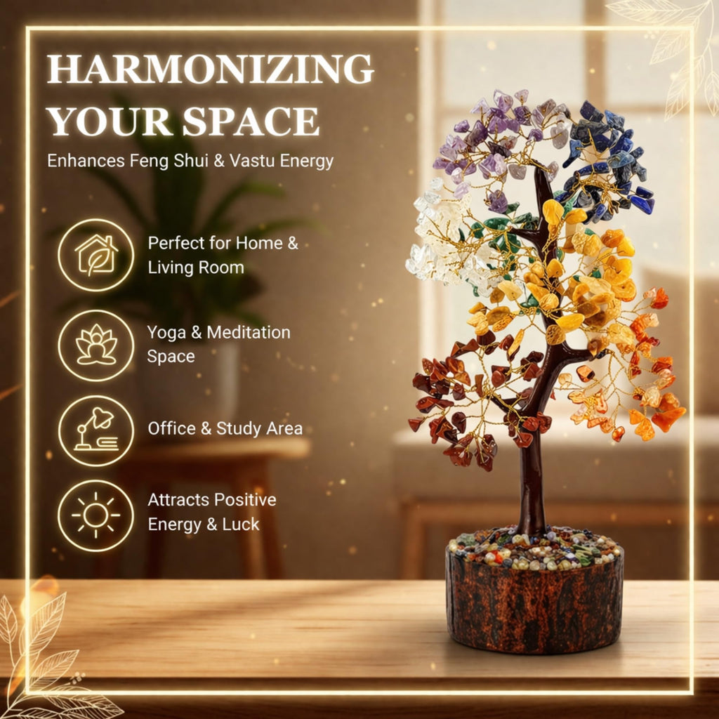 CALMINDS 7 Chakra Crystal Tree with Wooden Base | Natural Gemstone Bonsai for Healing, Balance & Positive Energy | Vastu Feng Shui Good Luck Tree for Home Decor & Spiritual Gift