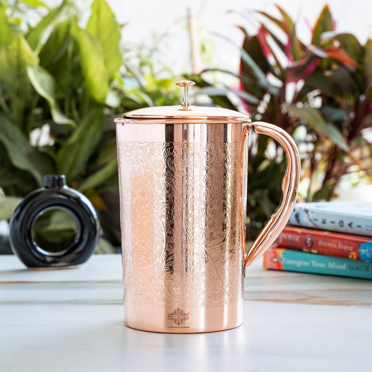 Indian Art Villa Full Embossed Design Copper Jug Pitcher with Brass Knob, Storage & Serving Water, Yoga Ayurveda Healing, Volume- 1000 ML