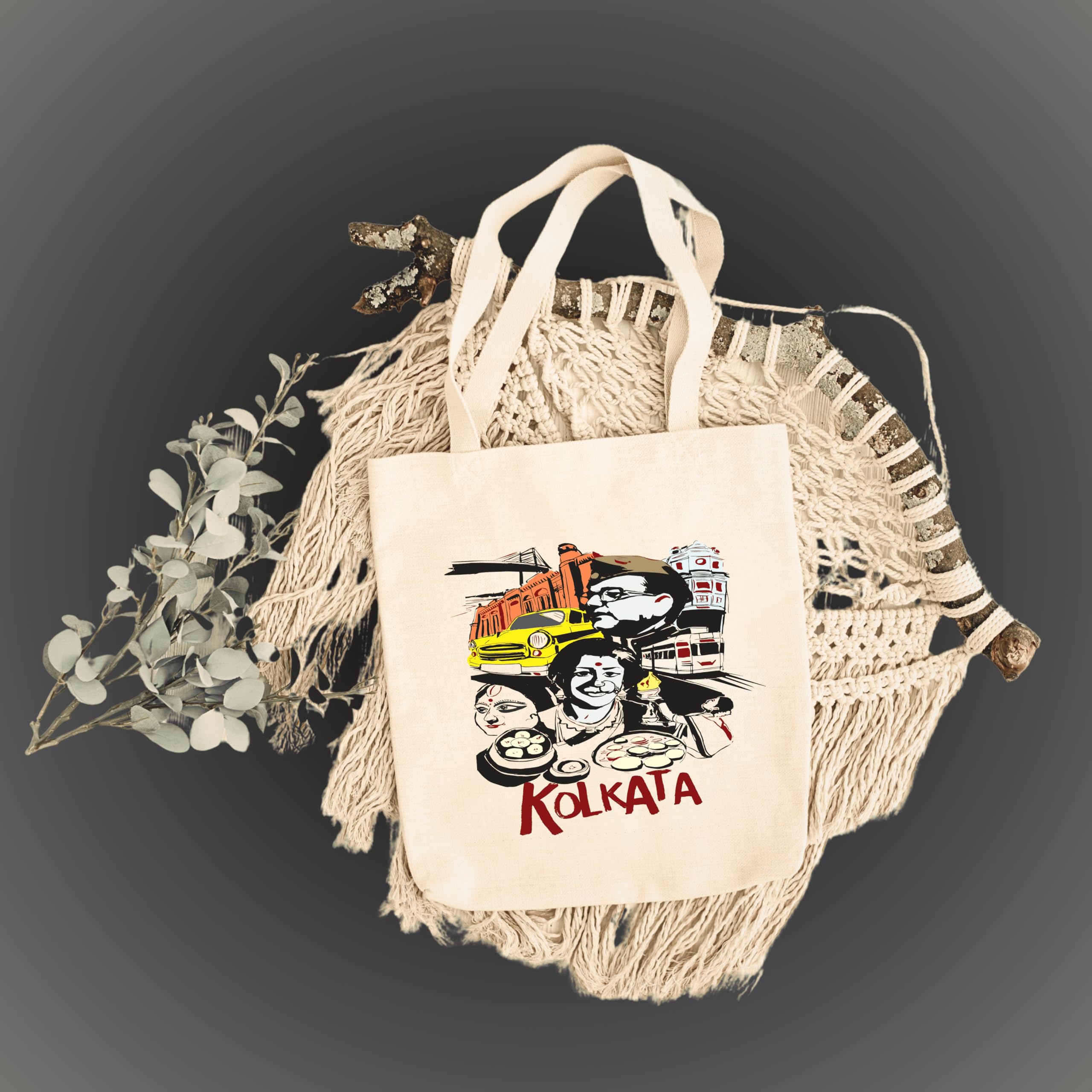 snapiq COTTON 350 GSM Canvas Tote Bag for Women and Girls Thick Fabric with Zipper (Beige, Kolkatamix1)