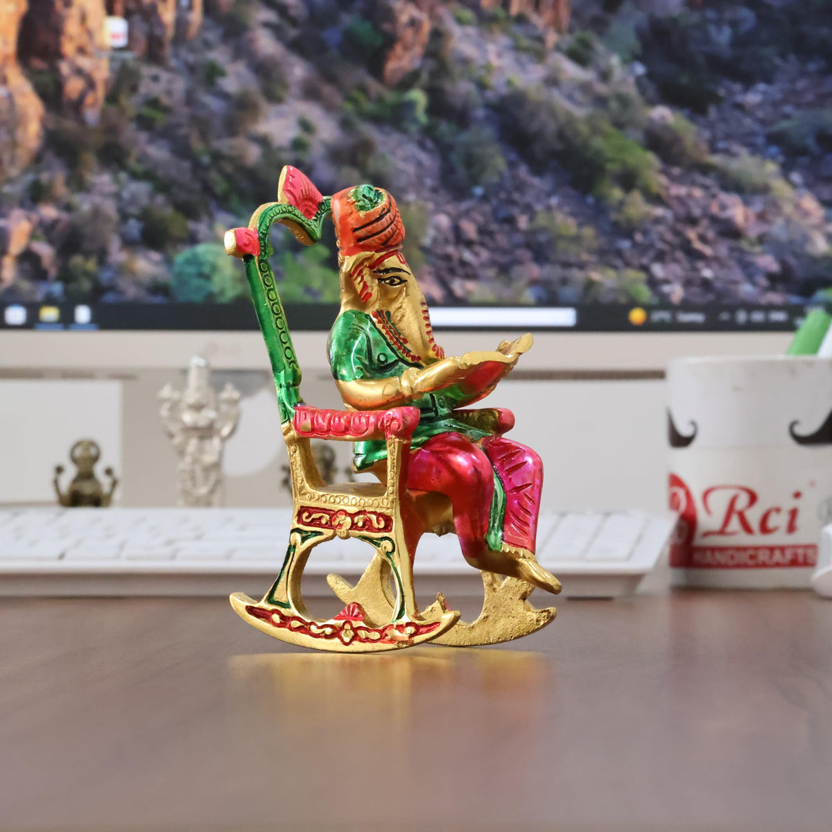 KridayKraft Metal Chair Ganesh ji Reading Book with Meenakari Work,Ganesha Metal Statue for Pooja & Home, Office Décor, Car Dashboard Religious Showpiece for Decoration & Gifting Article
