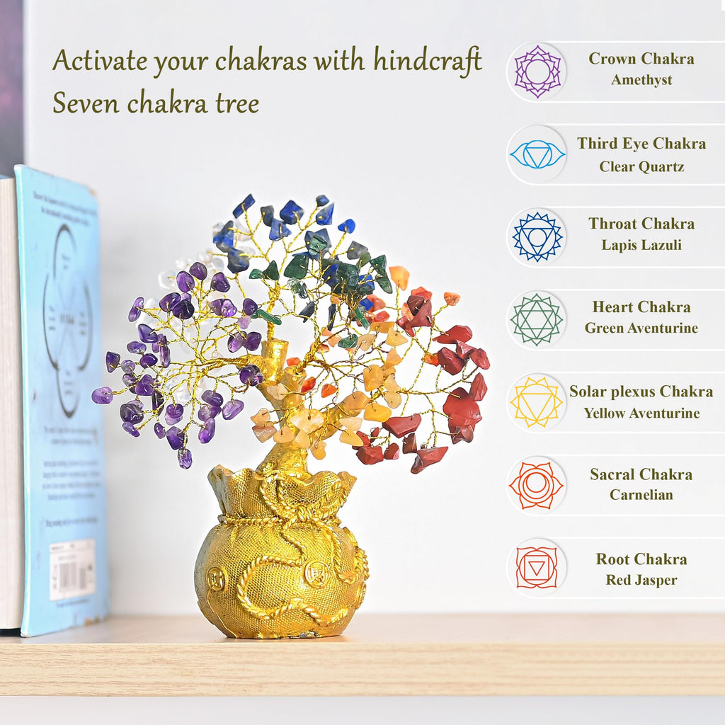 Crocon 7 Chakra Crystal Bonsai Tree with Golden Money Bag Base – Healing Gemstone Tree for Wealth, Prosperity & Positive Energy – Feng Shui Good Luck Home Decor & Rakhi Gift (7x3 Inch)