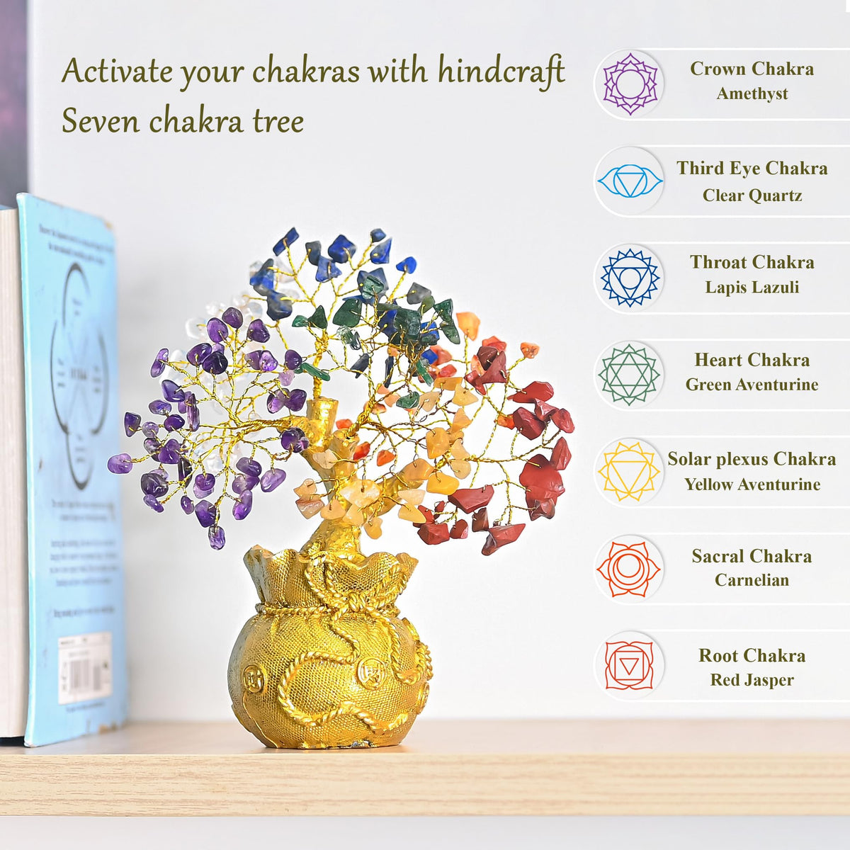 Crocon 7 Chakra Crystal Bonsai Tree with Golden Money Bag Base – Healing Gemstone Tree for Wealth, Prosperity & Positive Energy – Feng Shui Good Luck Home Decor & Rakhi Gift (7x3 Inch)