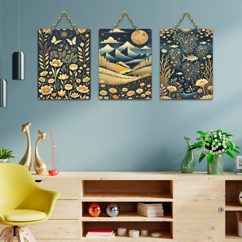 Artvibes Bloom Of Flowers & Countryside Modern Art Wooden Art Decoration Item for Living Room | Printed Wall Decoration | Sceneries | Aesthetic Wooden Decor | Unique Gift Items (WH_9659N), Set of 3