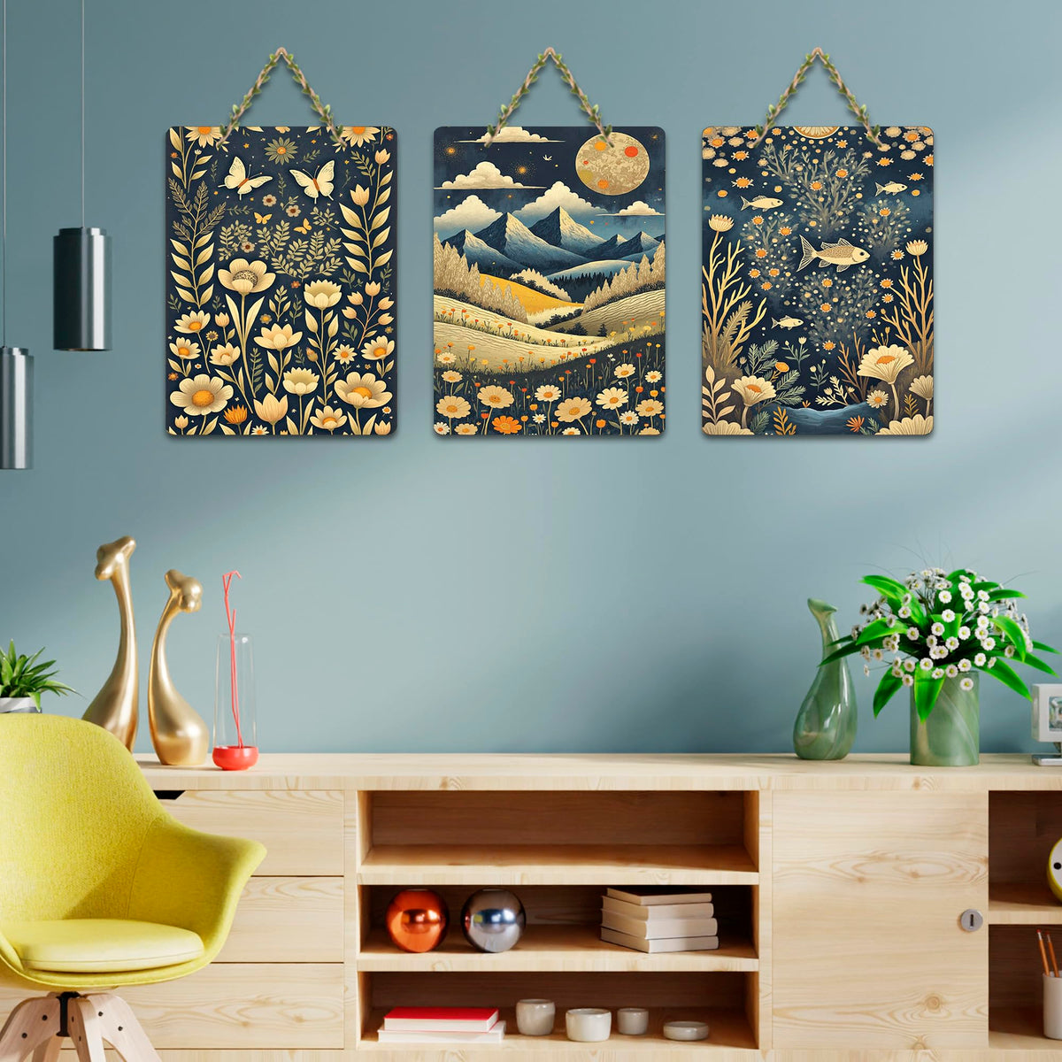 Artvibes Bloom Of Flowers & Countryside Modern Art Wooden Art Decoration Item for Living Room | Printed Wall Decoration | Sceneries | Aesthetic Wooden Decor | Unique Gift Items (WH_9659N), Set of 3