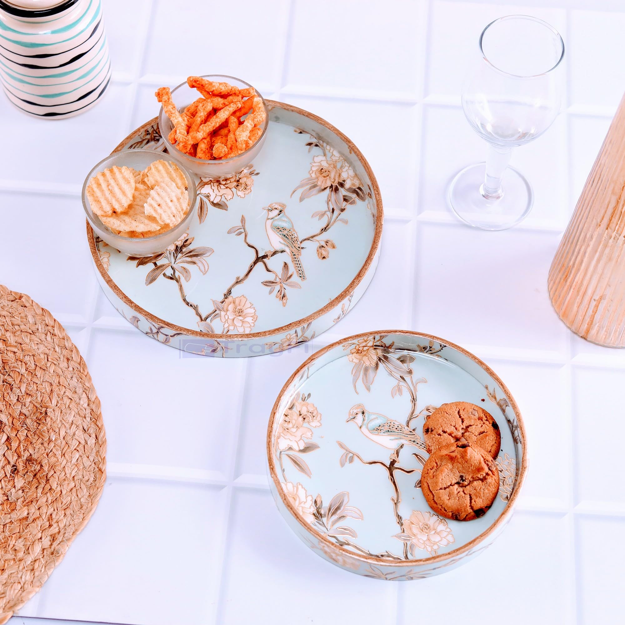 TrayFi MDF Round Wooden Serving Tray | Pack of 2 | Enamel Finished Trays - Size : 9x9, 7x7 Inches | Handcrafted Wooden Tray for Kitchen & Dining (Blue Birds)