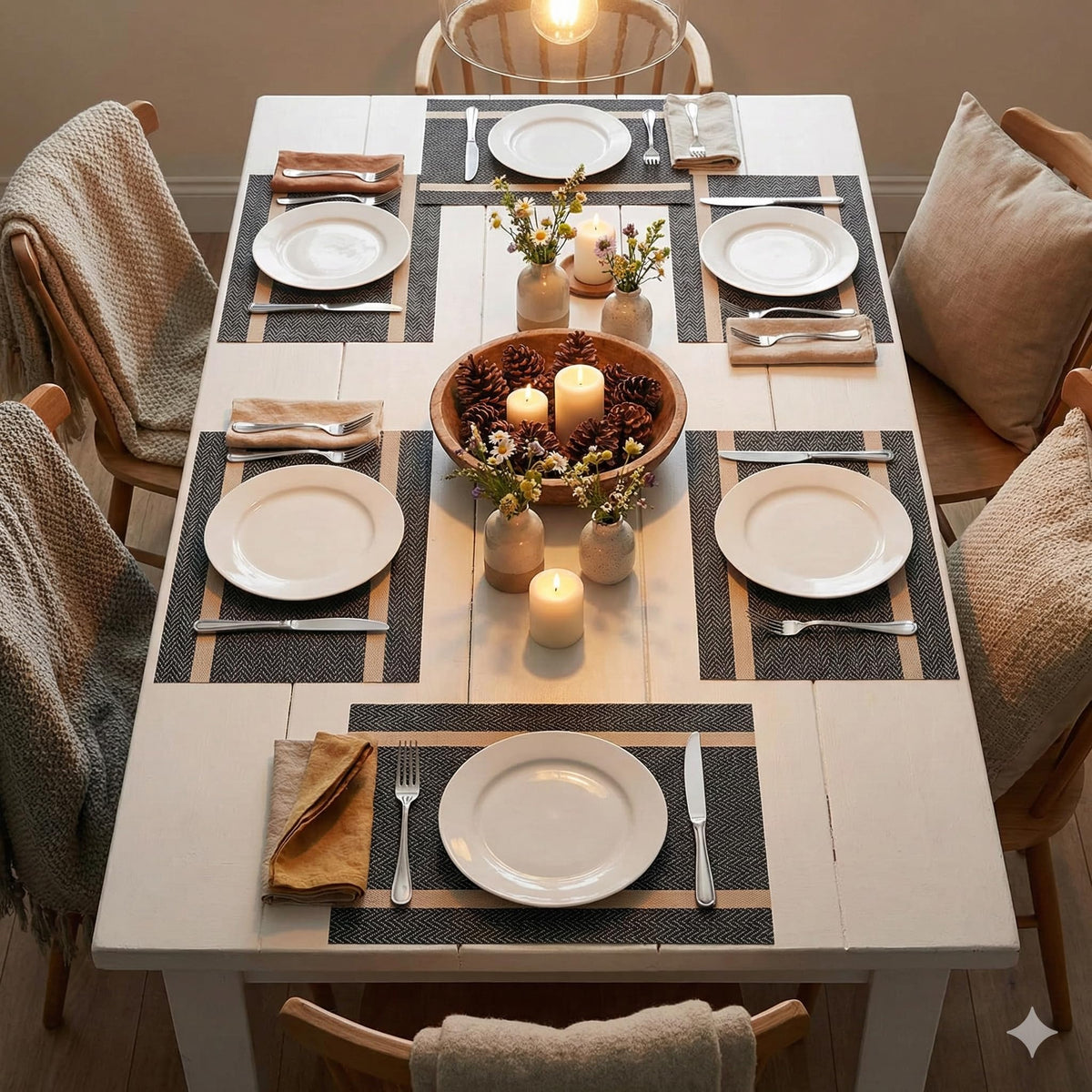 YELONA Placemats Set of 6, Heat-Resistant Woven Vinyl Table Mats, Non-Slip & Washable Dining Tablemats for Kitchen & Dinner Decor, Black & Gold (45cm x 30cm)